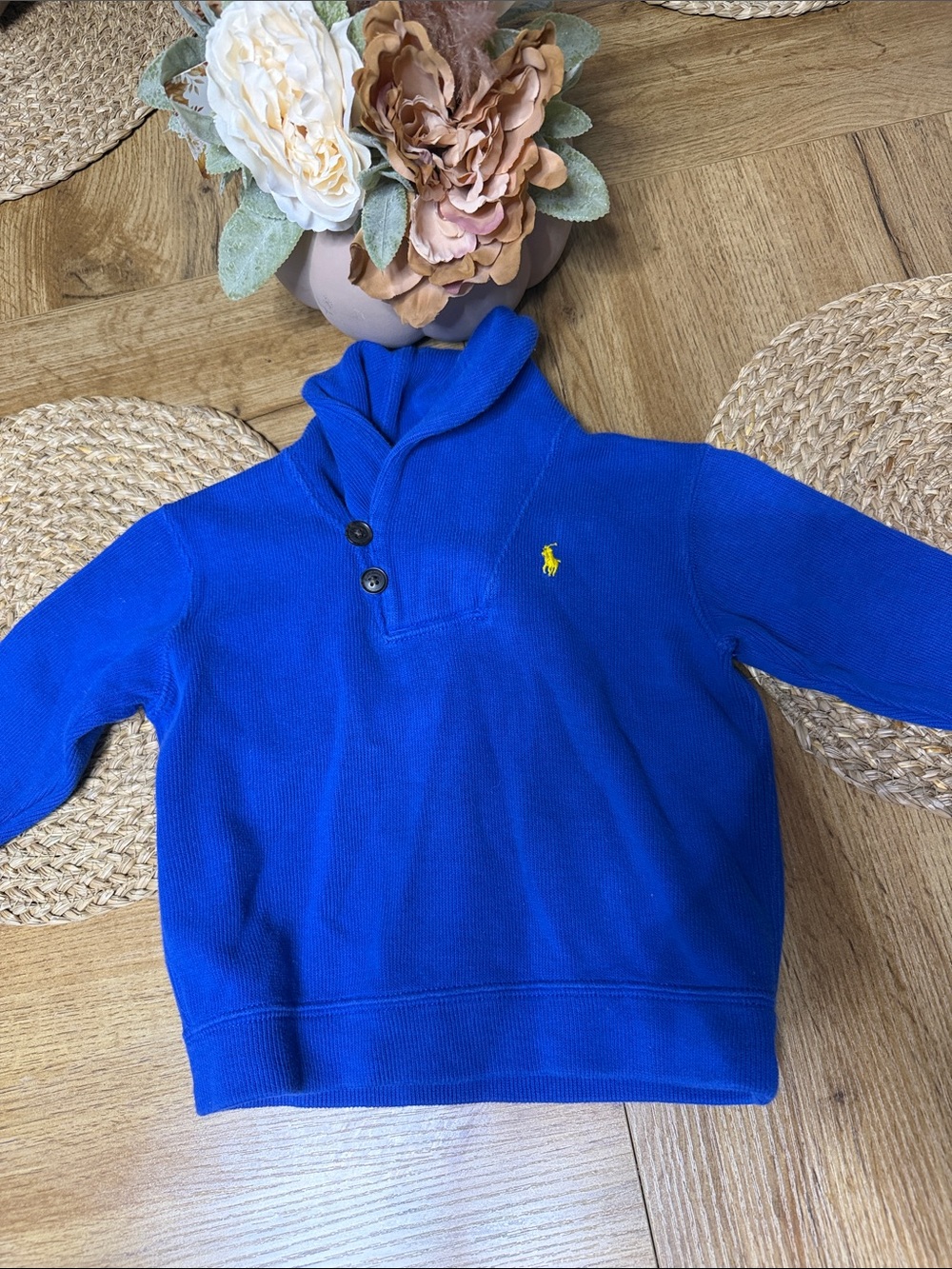 Ralph Lauren Royal Blue Button-Neck Sweatshirt with Yellow Pony! 12-18m like new